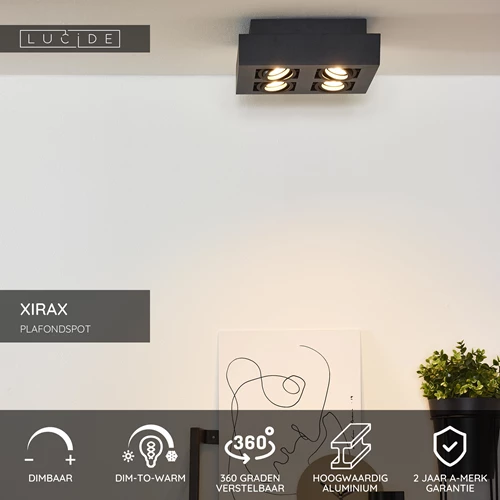 Lucide XIRAX - Plafondspot - LED Dim to warm - GU10 - 4x5W 2200K/3000K - Zwart - USP